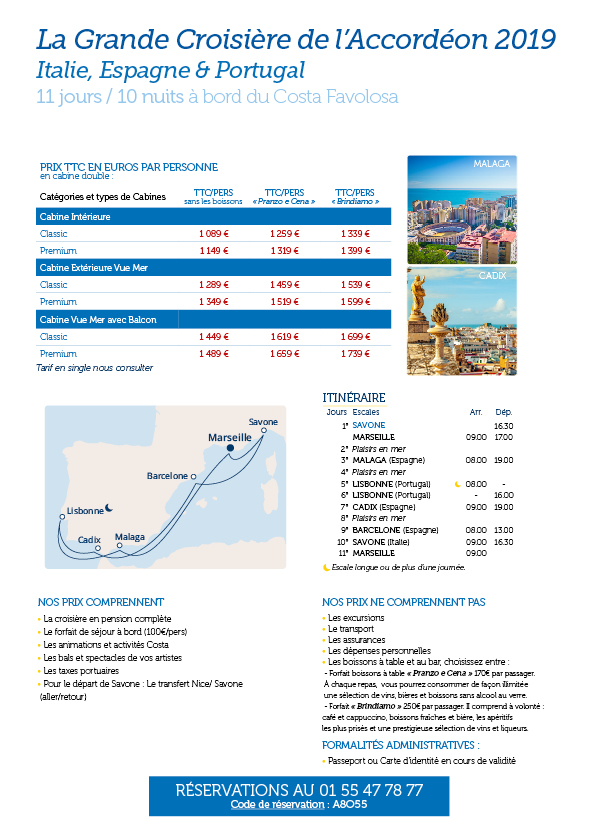 Tarifs de la Grande Croisière de l'Accordéon 2019